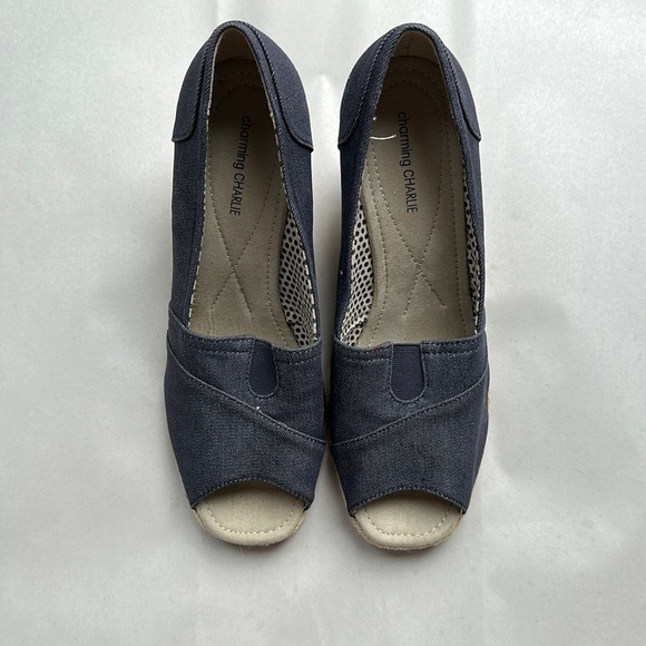 Charming Charlie Denim Peep Toe Platform Cork Espadrille Sandals size 10 Summer - Picture 1 of 7